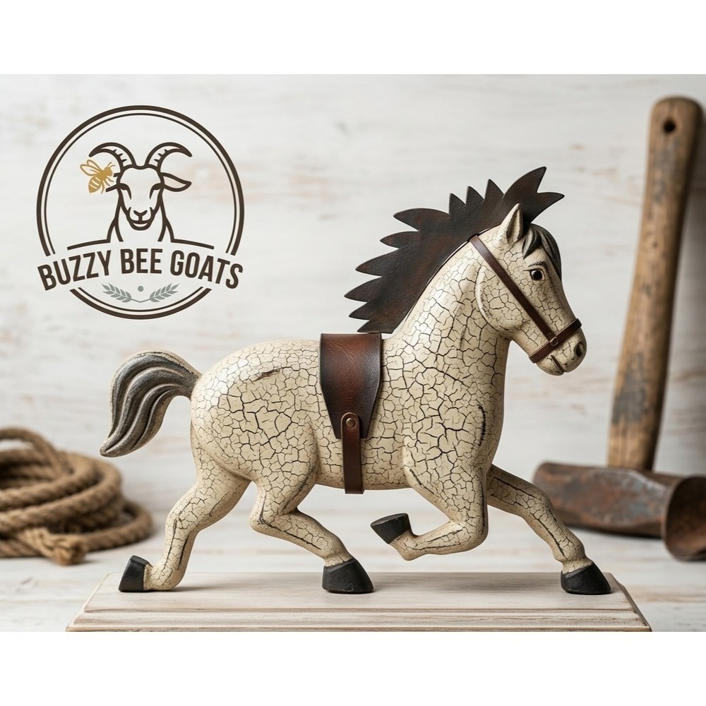 K & K INTERIORS WOOD HORSE FIGURINE METAL MANE SADDLE RUSTIC DECOR